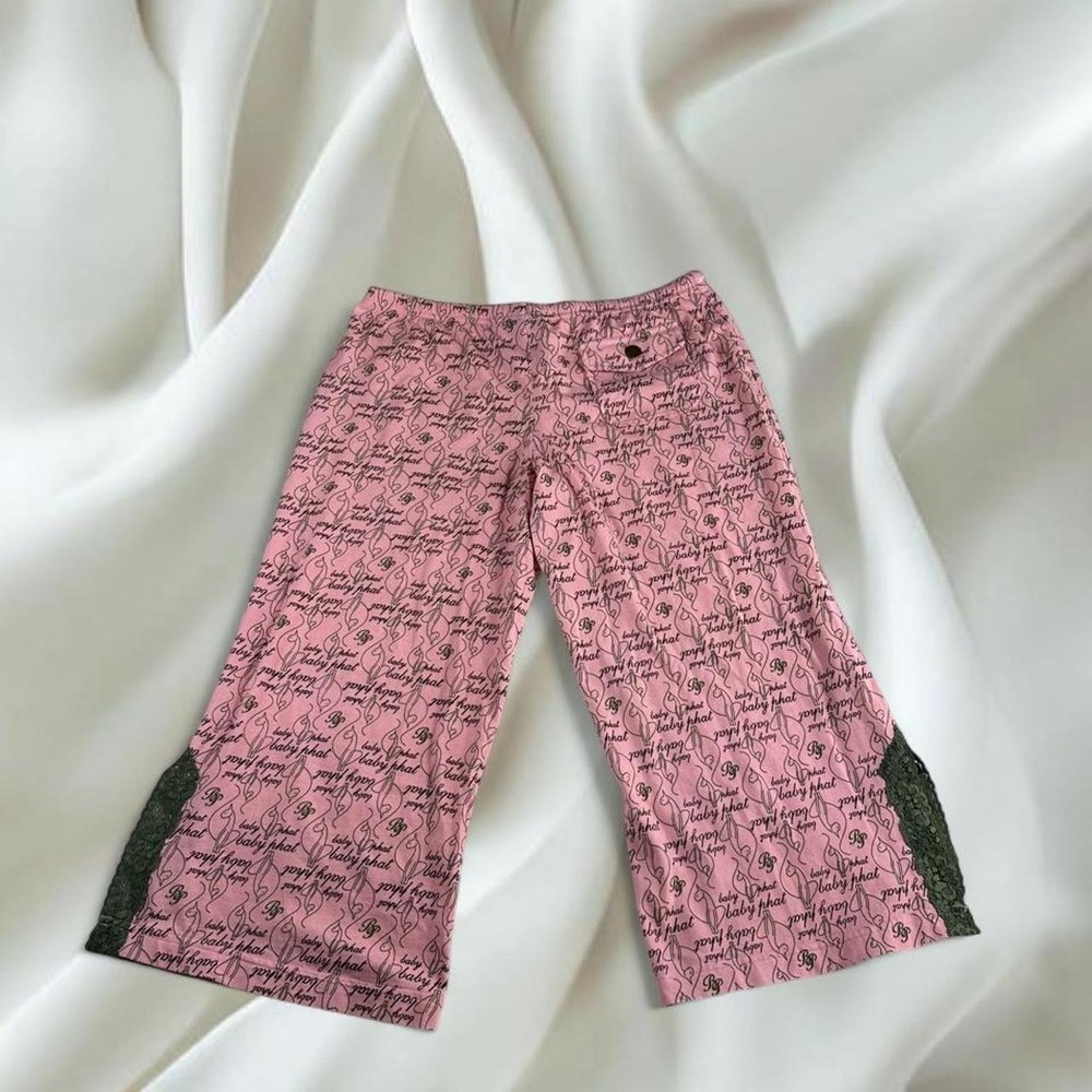 Baby Phat pink logo graphic lace capri gaucho pants Y2K vintage mcbling